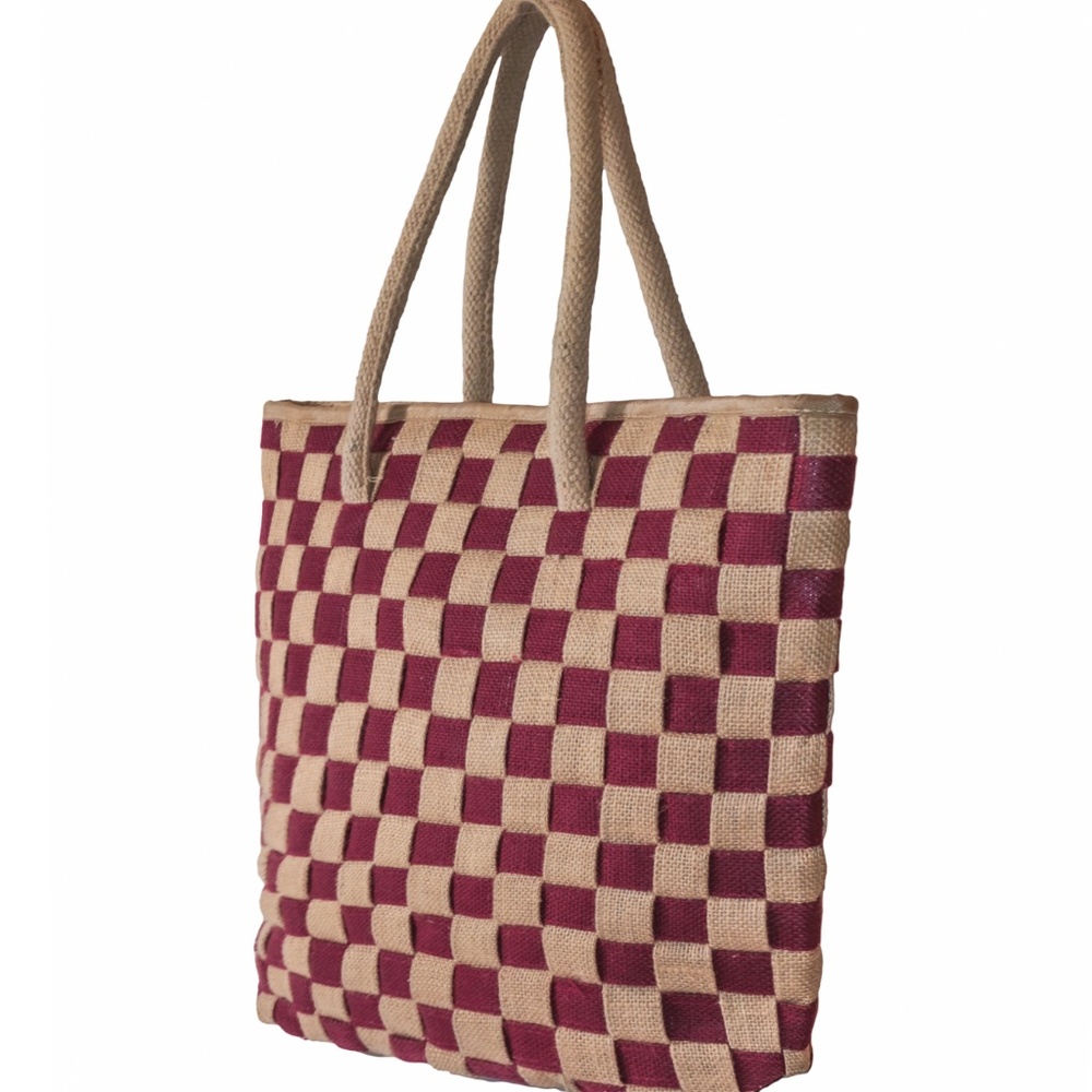 Classic Checkerboard Vegan Jute Burgundy Tote Bag w/ Satin Lining